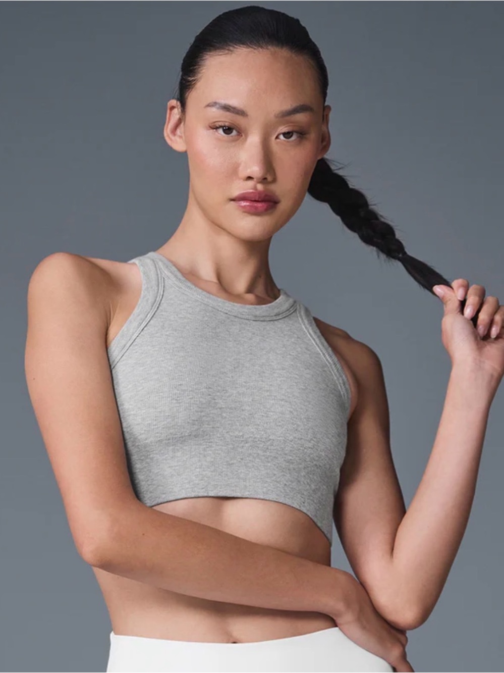 ALO Yoga Ribbed High-Neck Crop Sports Bra - Light Gray